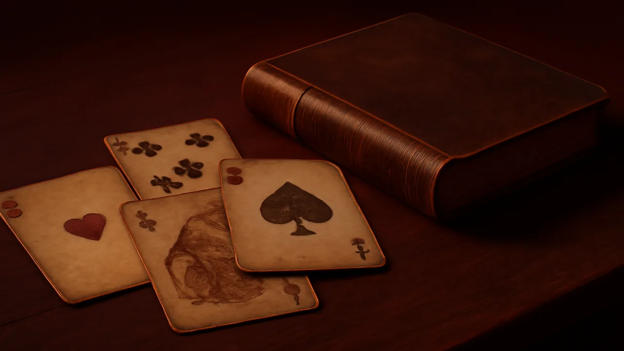 Cartes à jouer anciennes et livre relié cuir posés sur une table en bois, évoquant l'histoire du jeu français